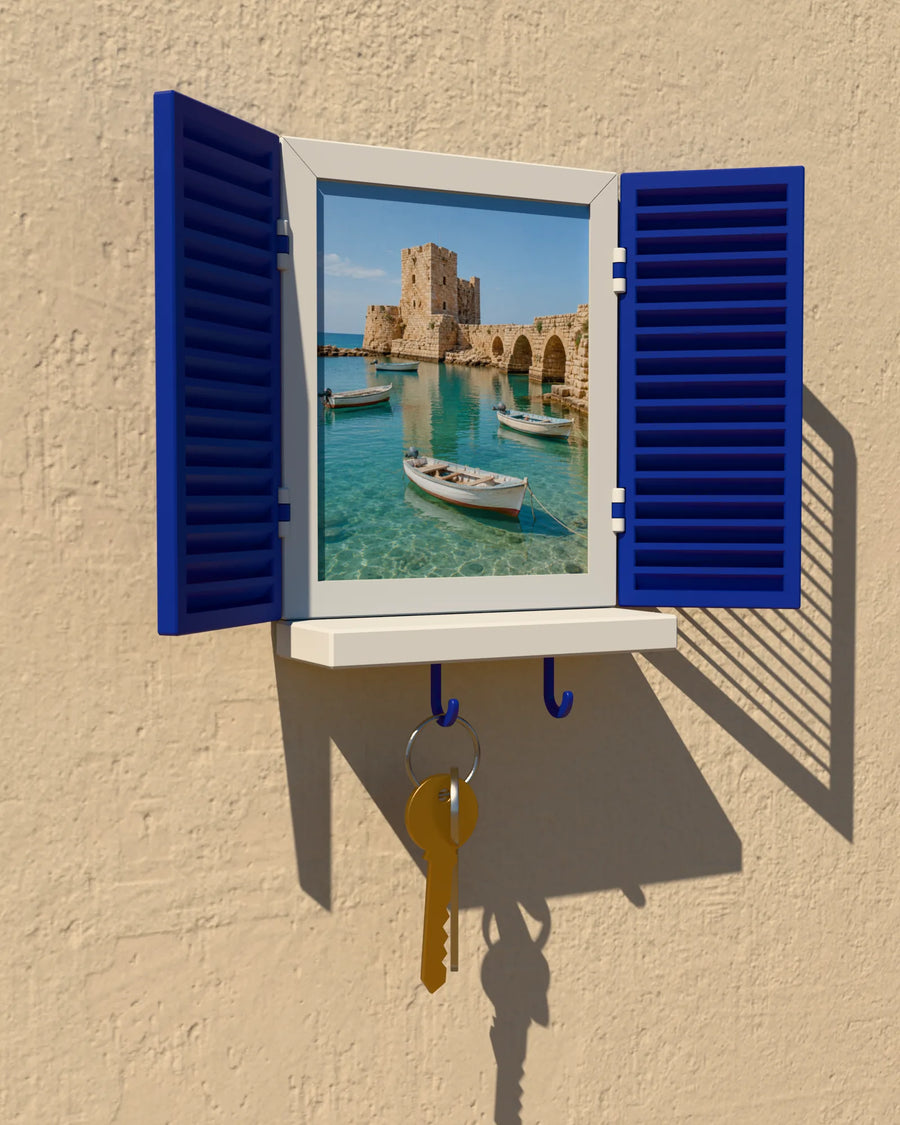 framylo window frame with blue shutters on a sunny wall, keys on the hook