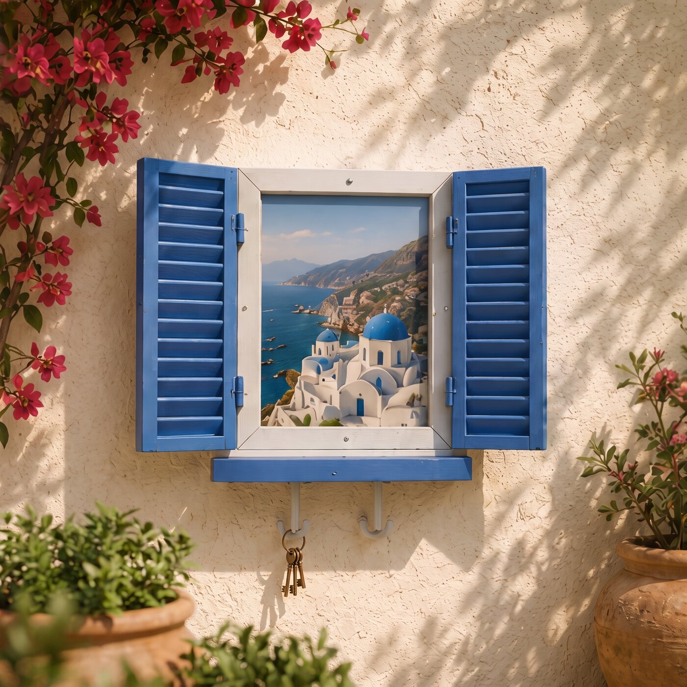 A little blue-shuttered window frame on a sunlit plaster wall, opened onto a photo, with keys hanging on hooks below