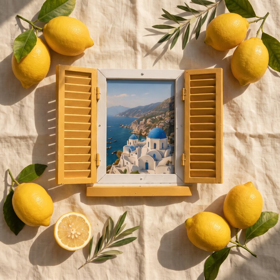 Sunny yellow framylo shutter frame resting among fresh lemons