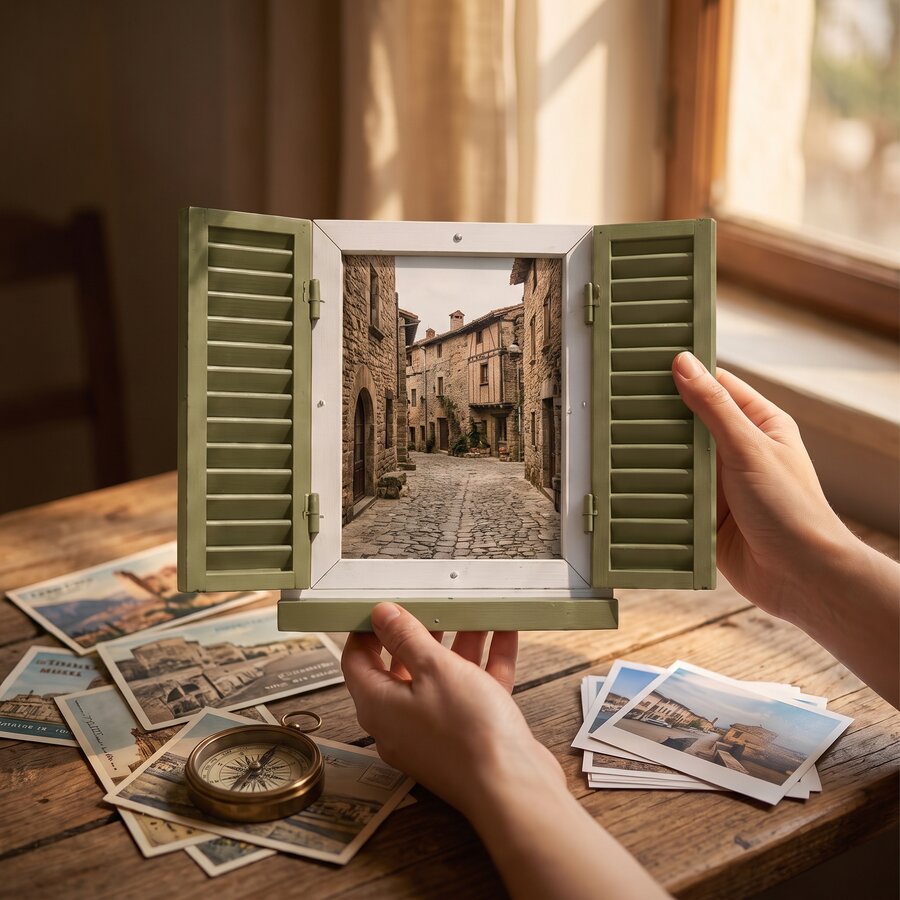 Hands holding a green framylo frame above a spread of travel postcards