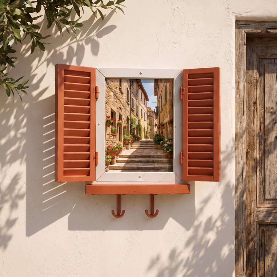 Terracotta framylo frame opened onto a photo of a sunlit Italian street